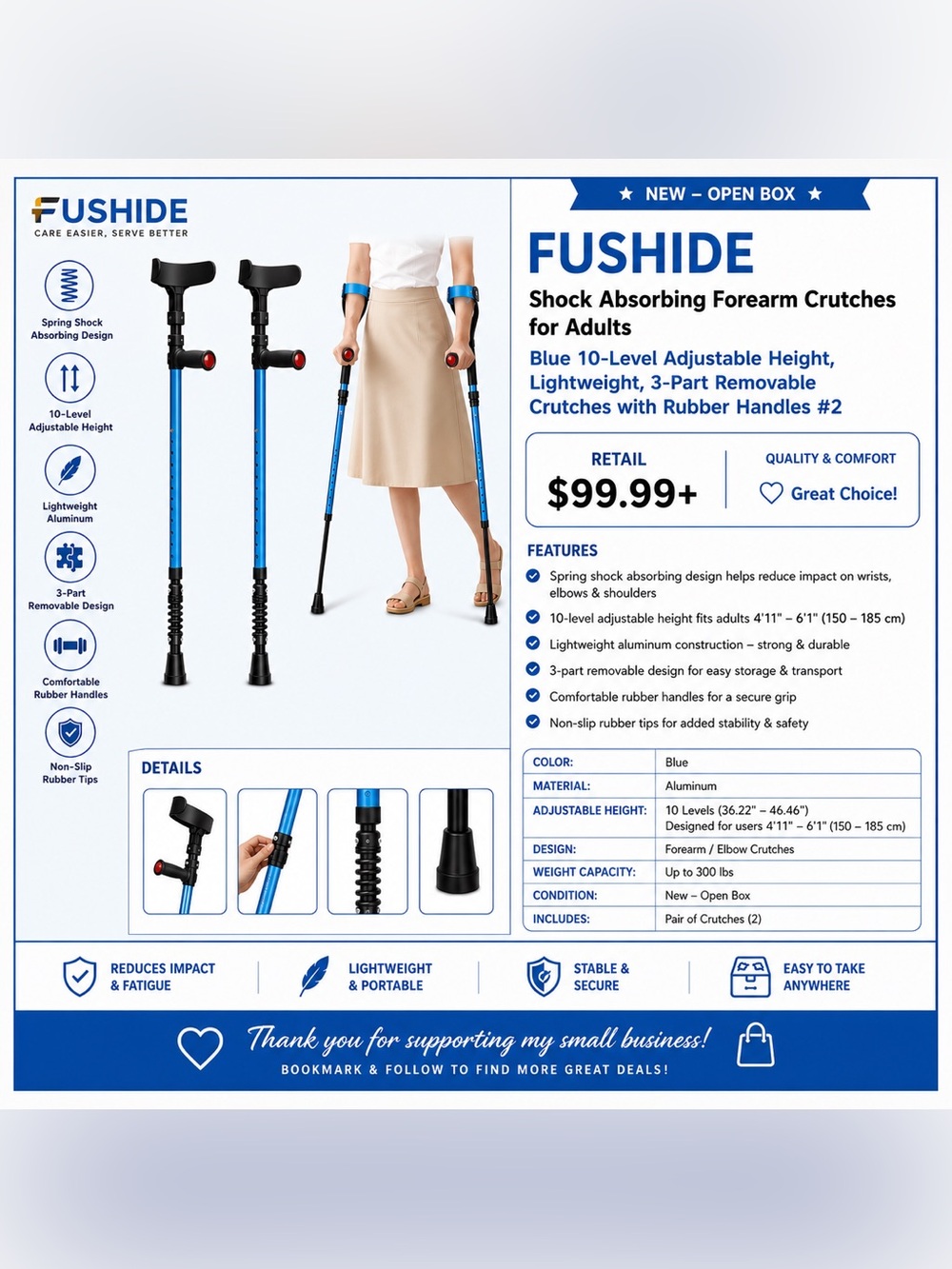 FUSHIDE Shock Absorbing Forearm Crutches Adjustable Adult Blue NEW Open Box